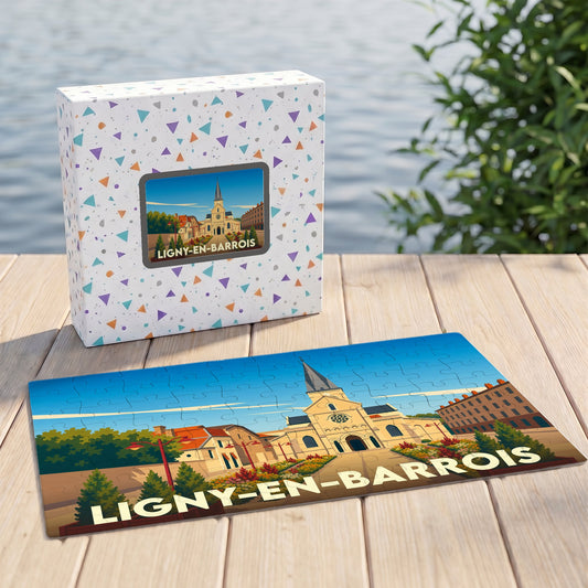 Puzzle souvenir de la ville de Ligny-en-Barrois avec une illustration stylisée de son église et de sa place.