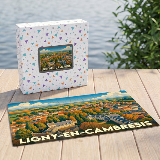 Puzzle souvenir de la ville de Ligny-en-Cambrésis avec une illustration paysagère colorée et stylisée.