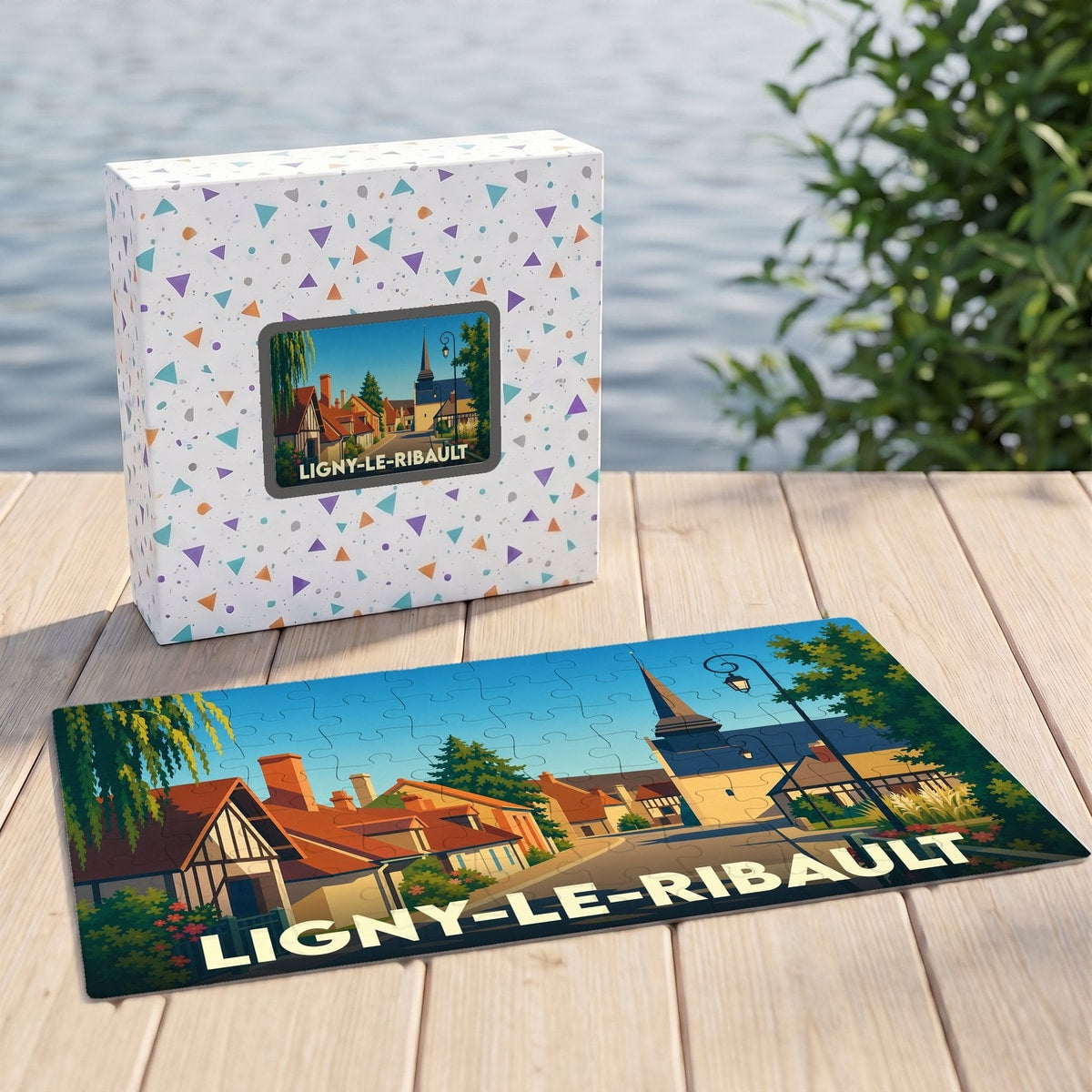 Puzzle souvenir de la ville de Ligny-le-Ribault avec une illustration stylisée.