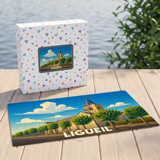 Puzzle souvenir de la ville de Ligueil avec une illustration stylisée.