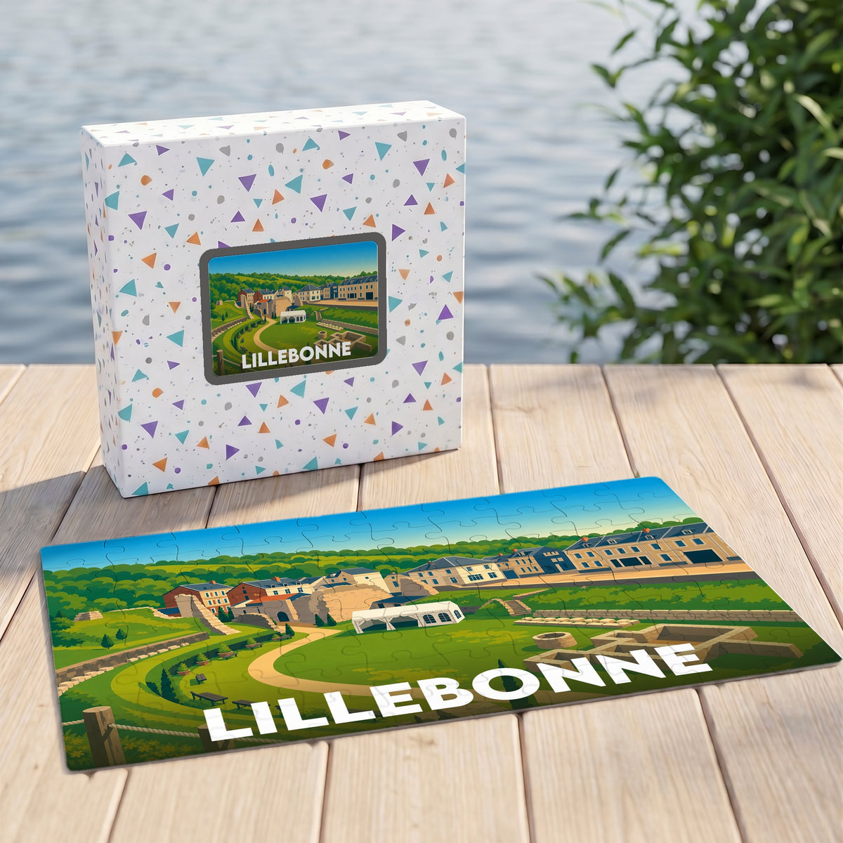 Puzzle souvenir de la ville de Lillebonne avec une illustration stylisée de ses vestiges romains.