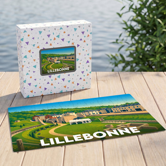 Puzzle souvenir de la ville de Lillebonne avec une illustration stylisée de ses vestiges romains.