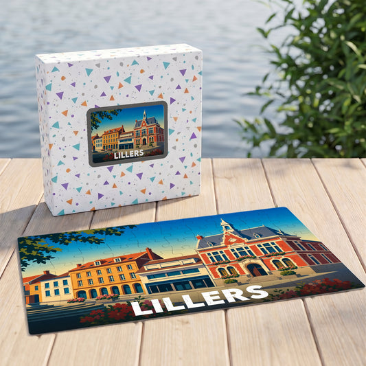 Puzzle souvenir de la ville de Lillers illustrant ses bâtiments emblématiques dans un style coloré.