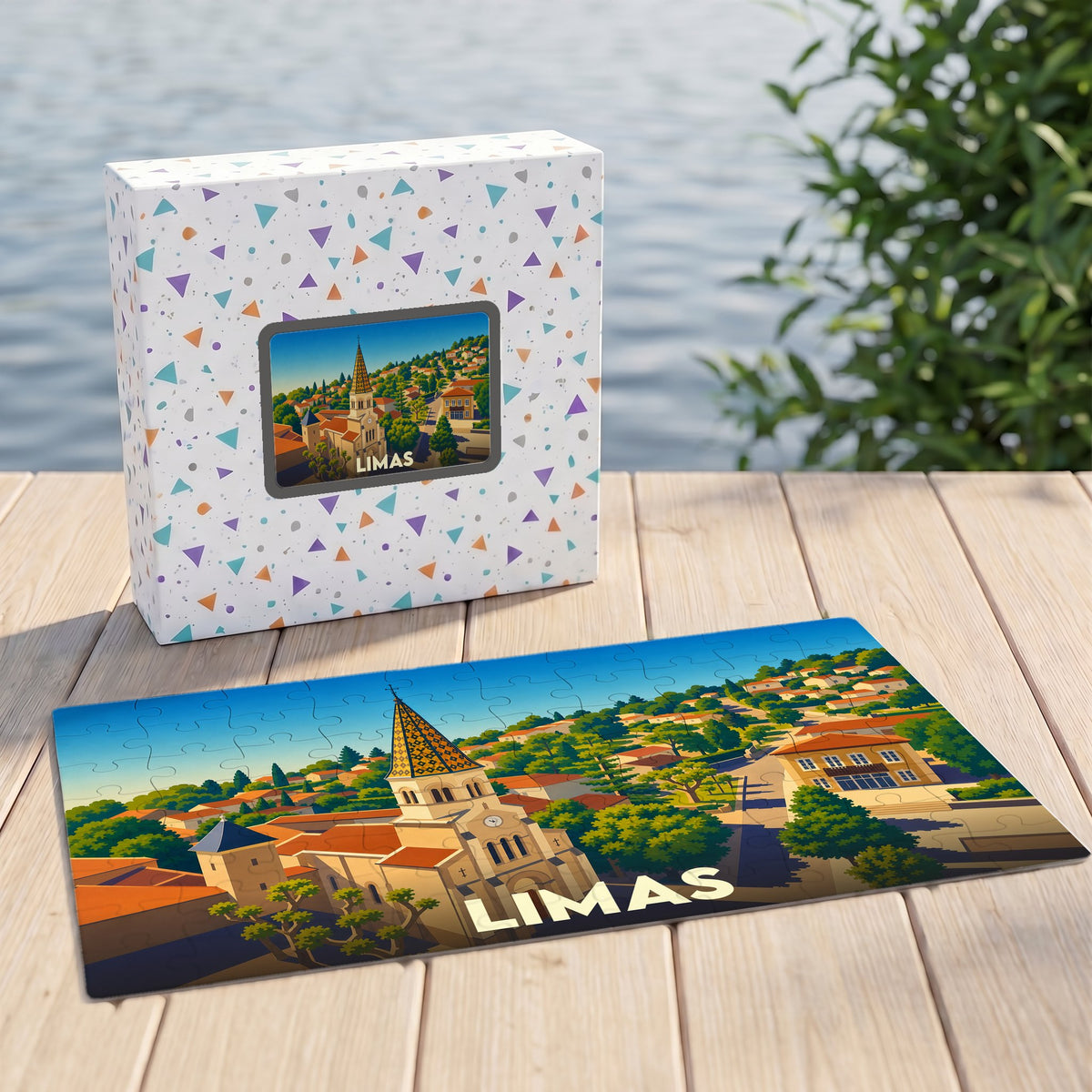 Puzzle souvenir de la ville de Limas avec une illustration stylisée de son église et de ses paysages.