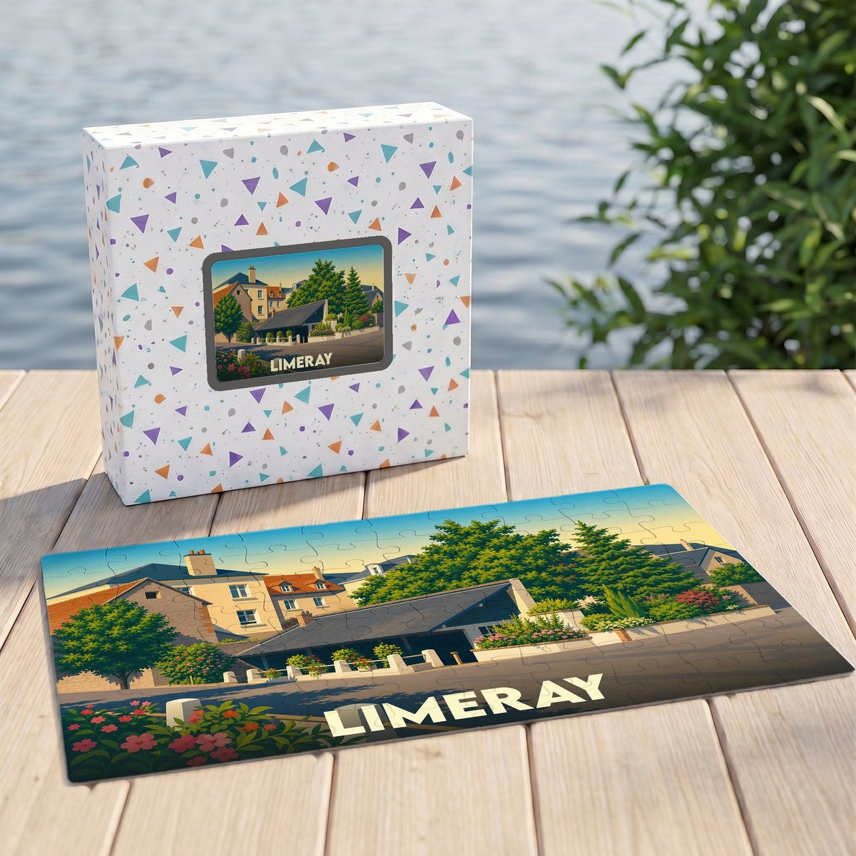 Puzzle souvenir de la ville de Limeray avec une illustration stylisée et colorée.