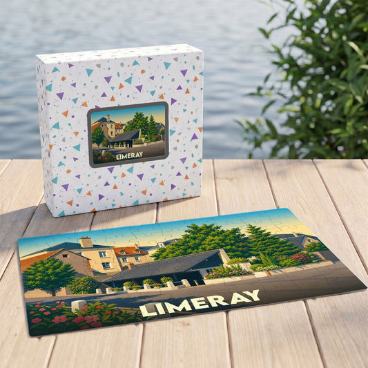 Puzzle souvenir de la ville de Limeray avec une illustration stylisée et colorée.
