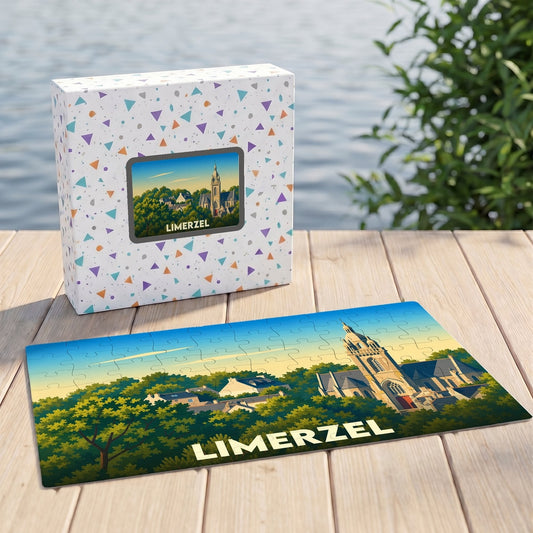 Puzzle souvenir de la ville de Limerzel avec une illustration stylisée de son église et de son paysage verdoyant.
