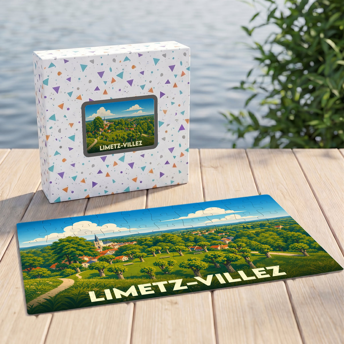 Puzzle souvenir de la ville de Limetz-Villez avec une illustration panoramique stylisée.