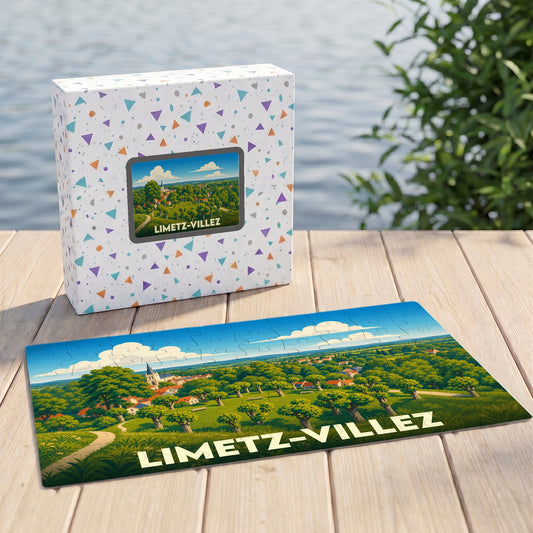 Puzzle souvenir de la ville de Limetz-Villez avec une illustration panoramique stylisée.