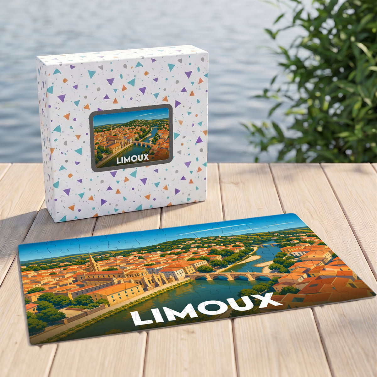 Puzzle souvenir de la ville de Limoux avec une illustration stylisée et colorée.