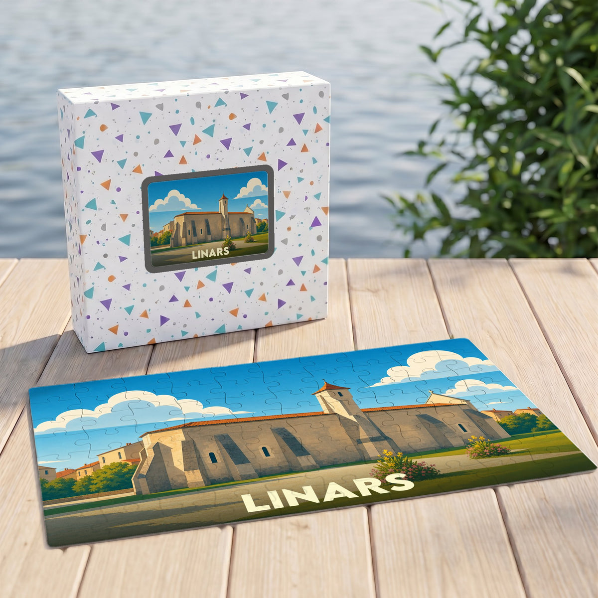 Puzzle souvenir de la ville de Linars avec une illustration stylisée de son église.