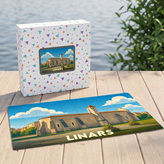 Puzzle souvenir de la ville de Linars avec une illustration stylisée de son église.
