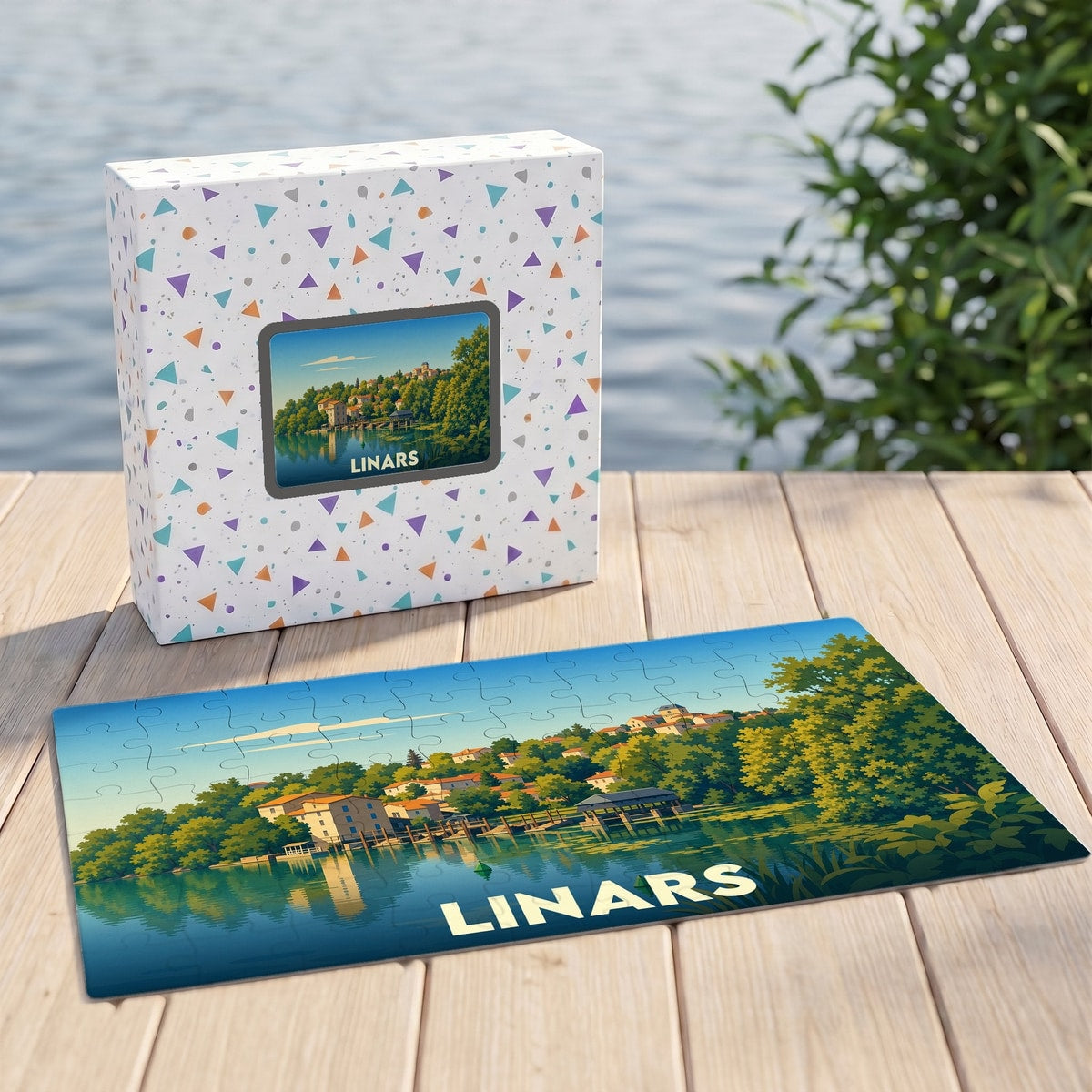 Puzzle souvenir de la ville de Linars avec une illustration paysagère stylisée.