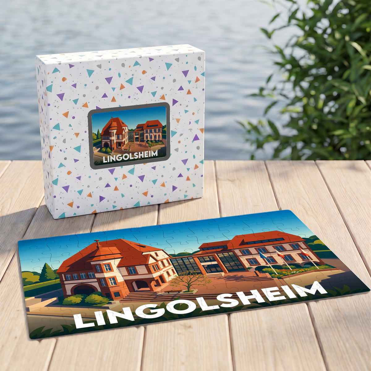 Puzzle souvenir de la ville de Lingolsheim avec une illustration stylisée de ses bâtiments.