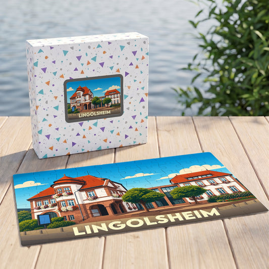 Puzzle souvenir de la ville de Lingolsheim avec une illustration stylisée de son architecture.