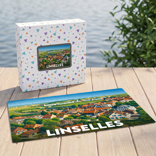 Puzzle souvenir de la ville de Linselles illustré d'un panorama urbain coloré.