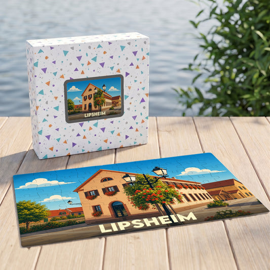 Puzzle souvenir de la ville de Lipsheim avec une illustration stylisée d'un bâtiment traditionnel.