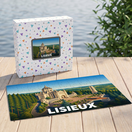 Puzzle souvenir de la ville de Lisieux représentant la basilique avec une illustration stylisée.
