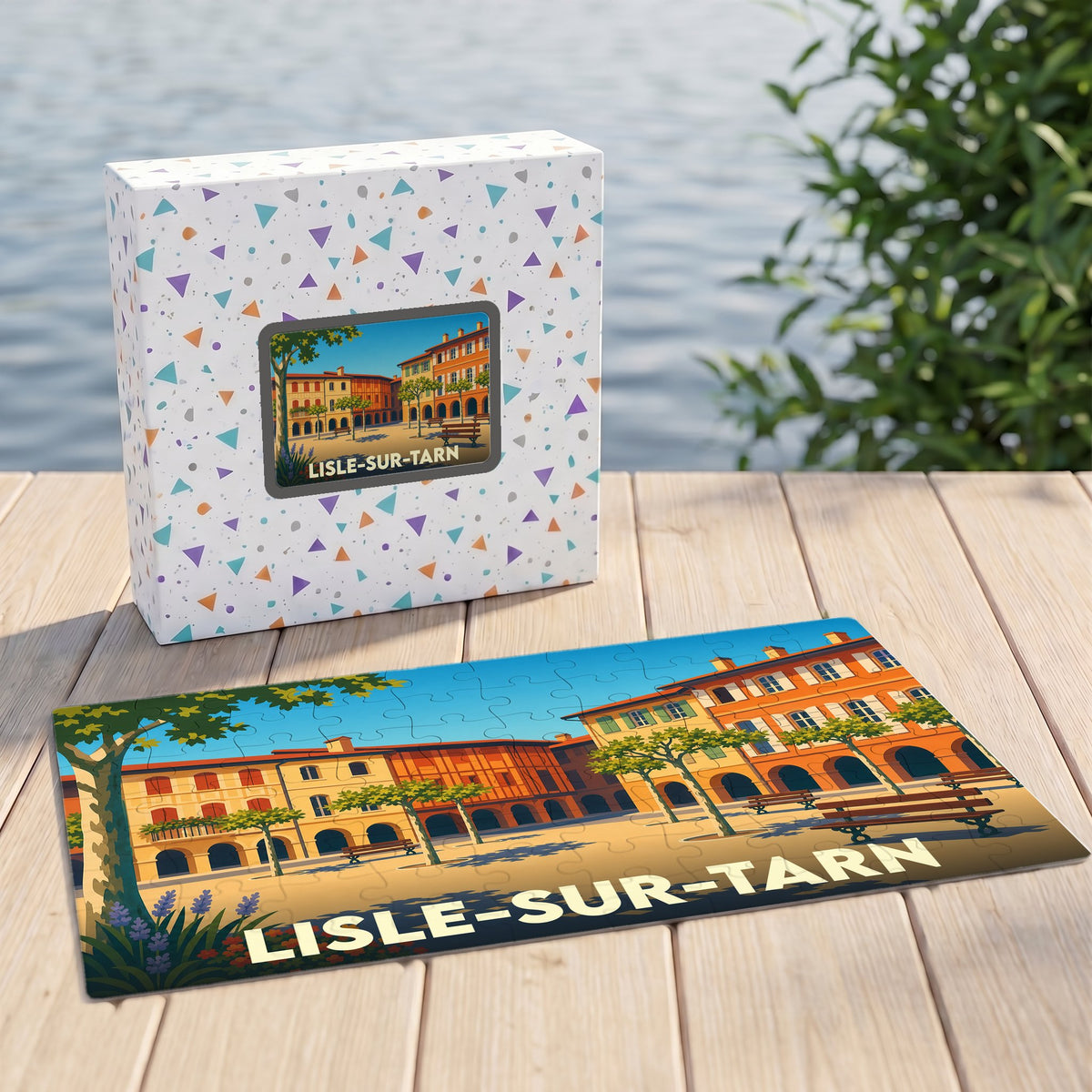 Puzzle souvenir de la ville de Lisle-sur-Tarn avec une illustration colorée de sa place centrale.