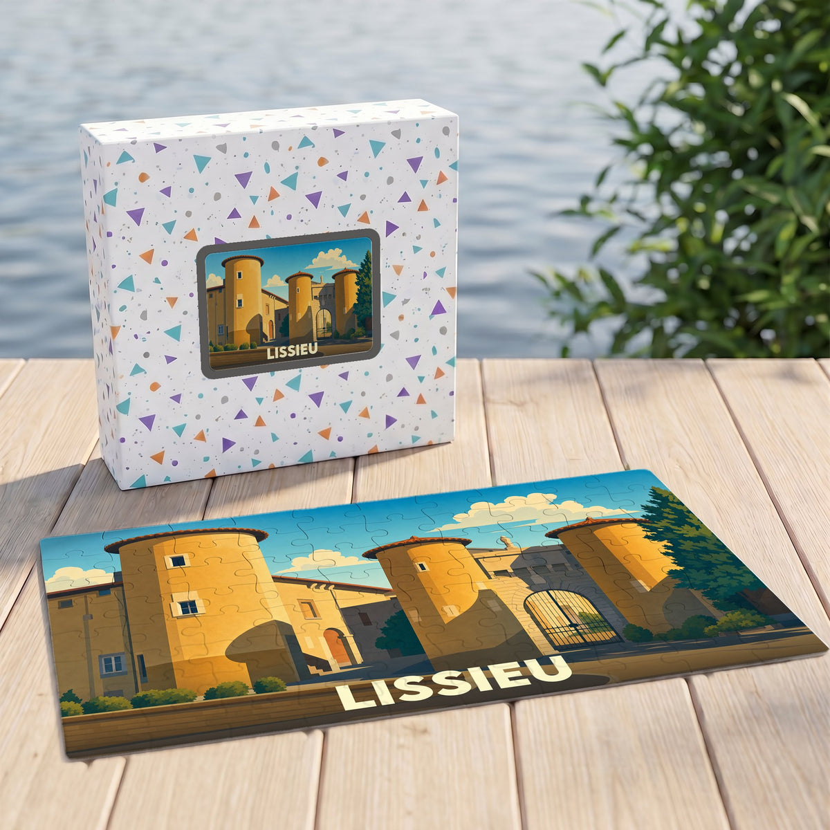 Puzzle souvenir de la ville de Lissieu avec une illustration stylisée d'un château.