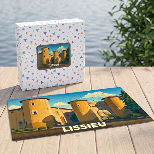 Puzzle souvenir de la ville de Lissieu avec une illustration stylisée d'un château.