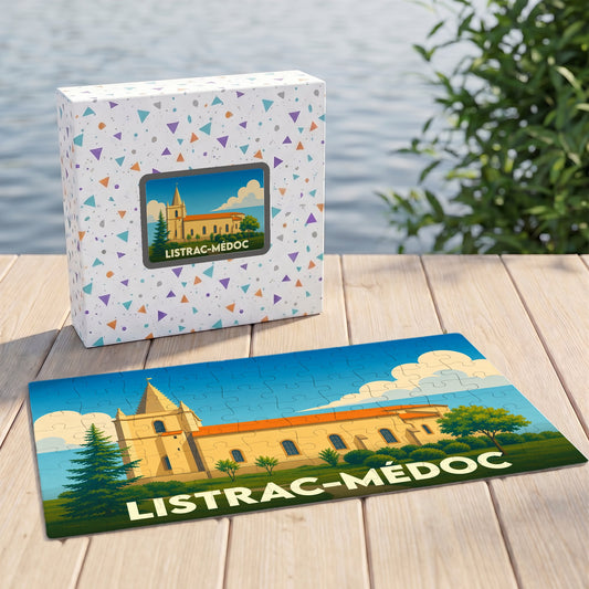 Puzzle souvenir de la ville de Listrac-Médoc avec une illustration stylisée de son église.