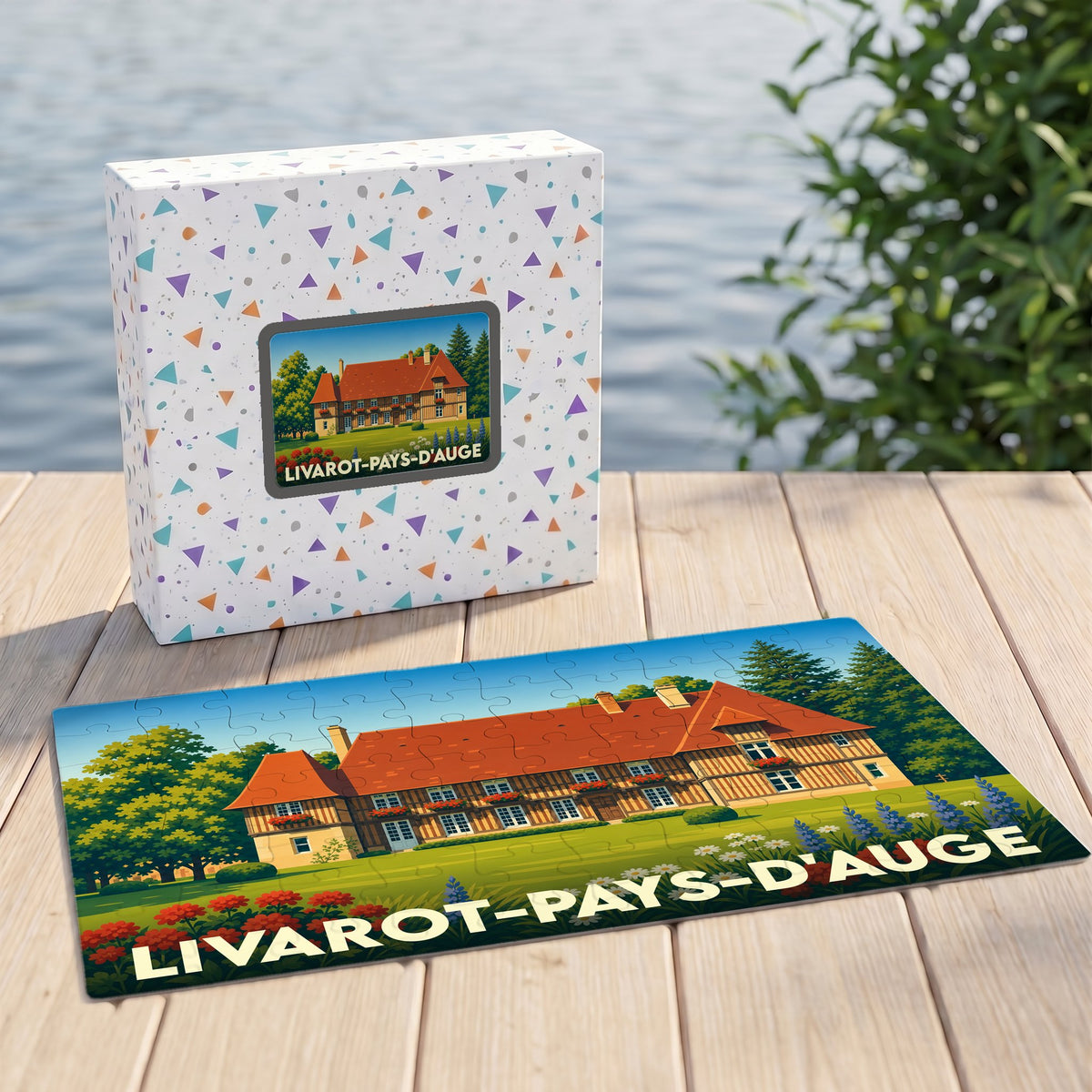 Puzzle souvenir de la ville de Livarot-Pays-d'Auge illustré par un manoir normand traditionnel.