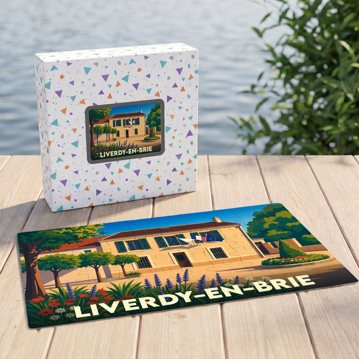 Puzzle souvenir de la ville de Liverdy-en-Brie avec une illustration stylisée et colorée.