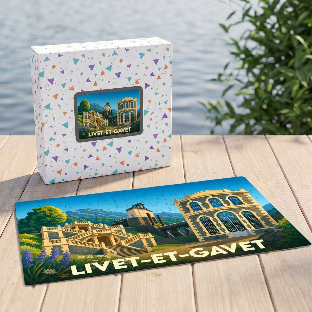 Puzzle souvenir de la ville de Livet-et-Gavet avec son illustration stylisée et sa boîte assortie.