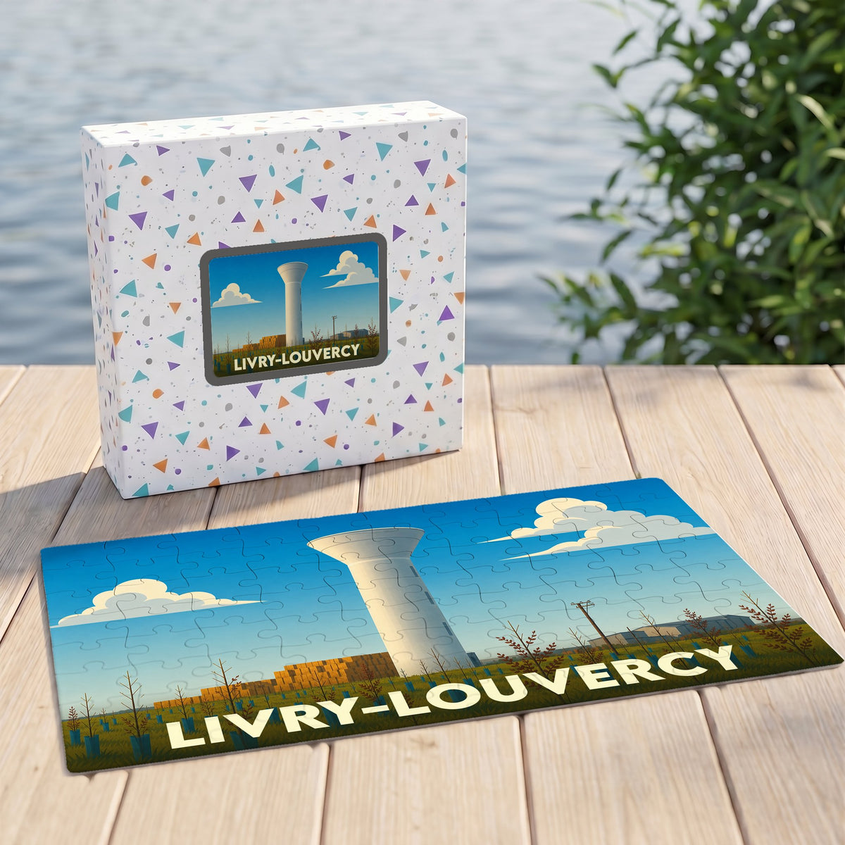 Puzzle souvenir de la ville de Livry-Louvercy illustré d'un paysage graphique avec son château d'eau.