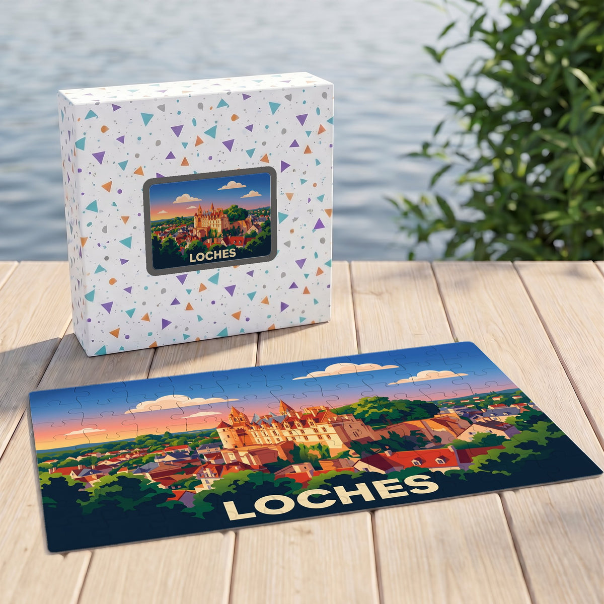 Puzzle souvenir de la ville de Loches avec une illustration stylisée du château au coucher du soleil.
