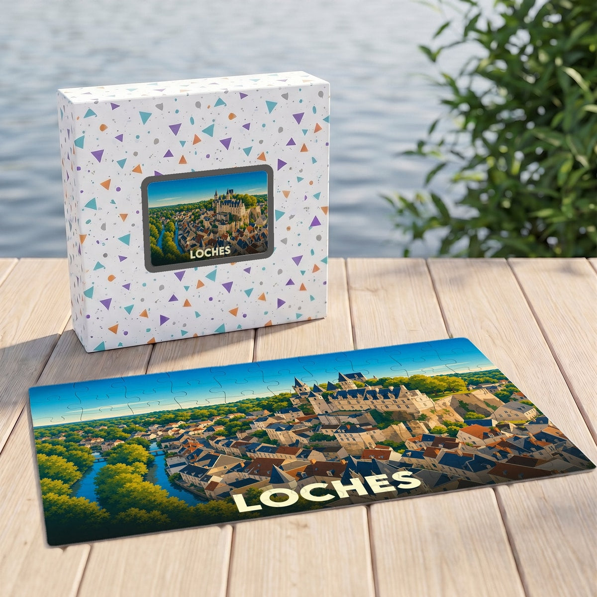 Puzzle souvenir de la ville de Loches avec une illustration panoramique stylisée.