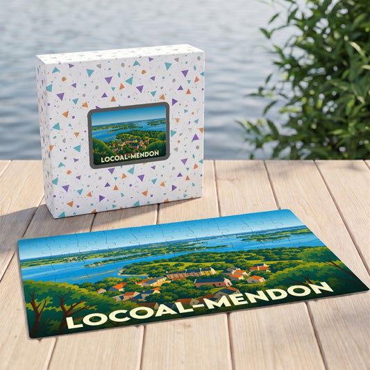 Puzzle souvenir de la ville de Locoal-Mendon avec une illustration stylisée.