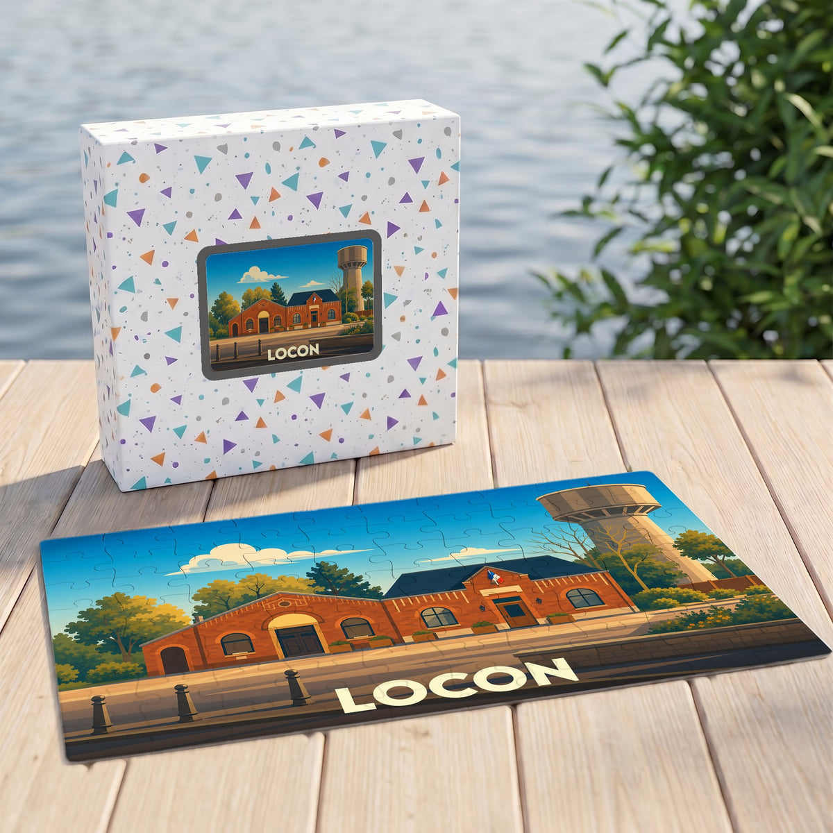 Puzzle souvenir de la ville de Locon avec une illustration stylisée d'un bâtiment en briques et d'un château d'eau.