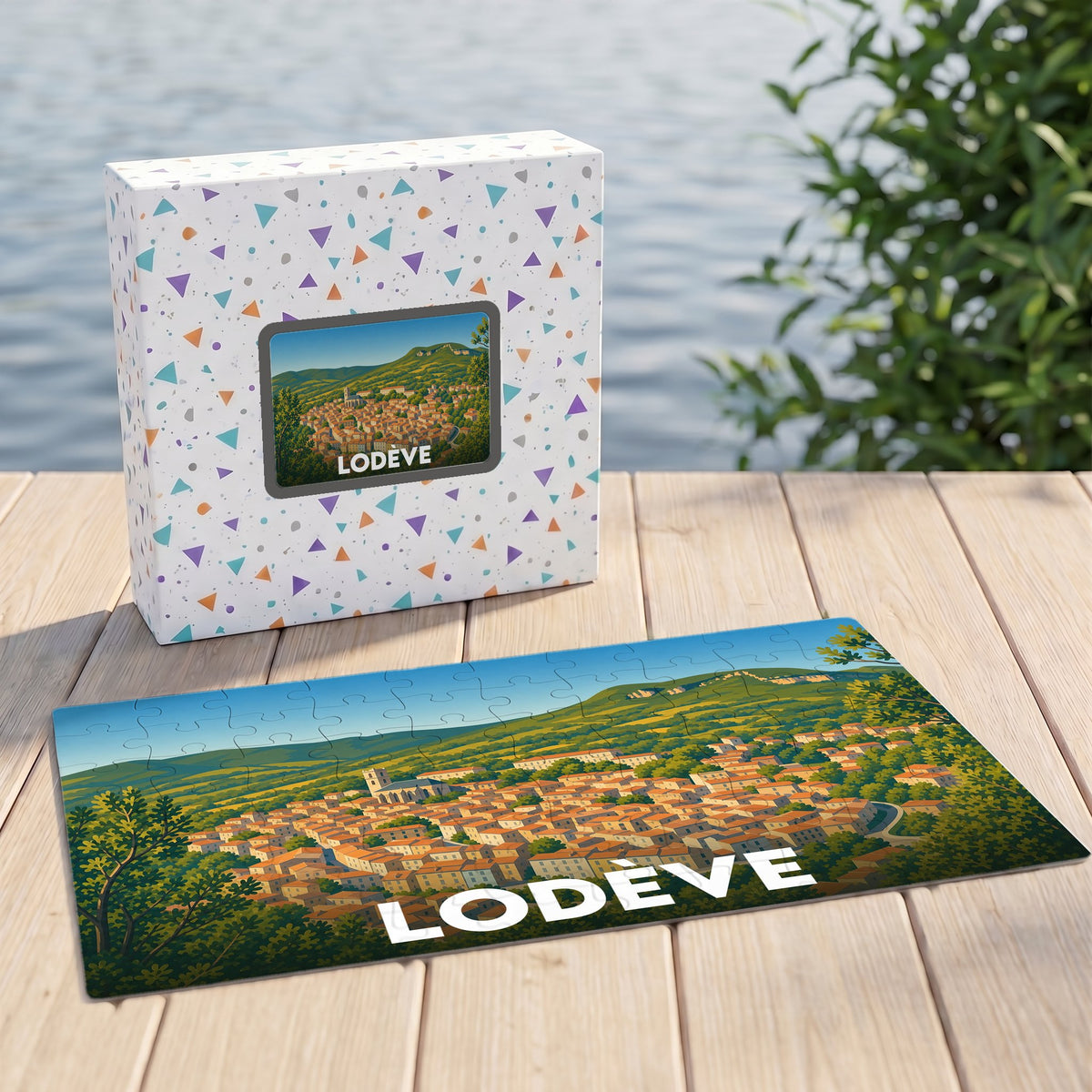 Puzzle souvenir de la ville de Lodève avec une illustration stylisée des toits de la commune et de ses collines environnantes.