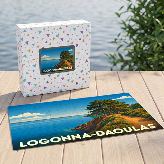 Puzzle souvenir de la ville de Logonna-Daoulas avec une illustration côtière stylisée.