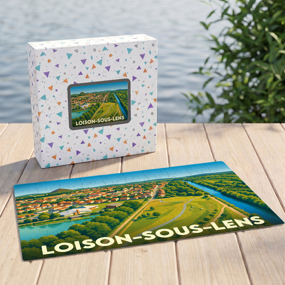 Puzzle souvenir de la ville de Loison-sous-Lens avec une illustration panoramique stylisée et sa boîte assortie.