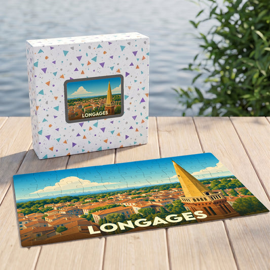 Puzzle souvenir de la ville de Longages avec une illustration stylisée d'un clocher et de toits en terre cuite.