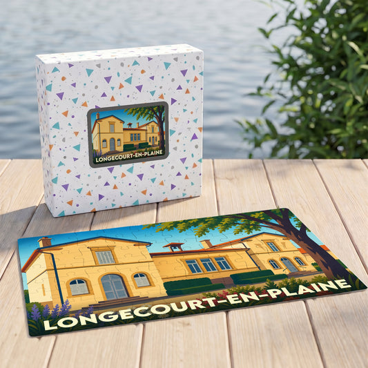 Puzzle souvenir de la commune de Longecourt-en-Plaine avec son illustration stylisée et sa boîte assortie.