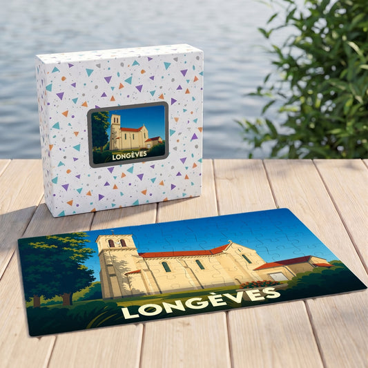 Puzzle souvenir de la ville de Longèves avec une illustration stylisée de son église.