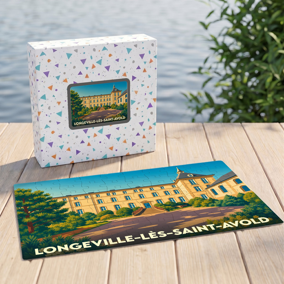 Puzzle souvenir de la ville de Longeville-lès-Saint-Avold avec une illustration stylisée de son patrimoine architectural.