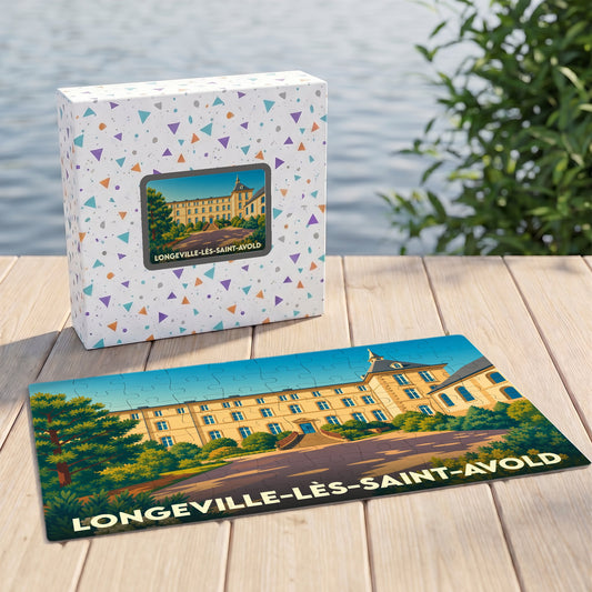 Puzzle souvenir de la ville de Longeville-lès-Saint-Avold avec une illustration stylisée de son patrimoine architectural.