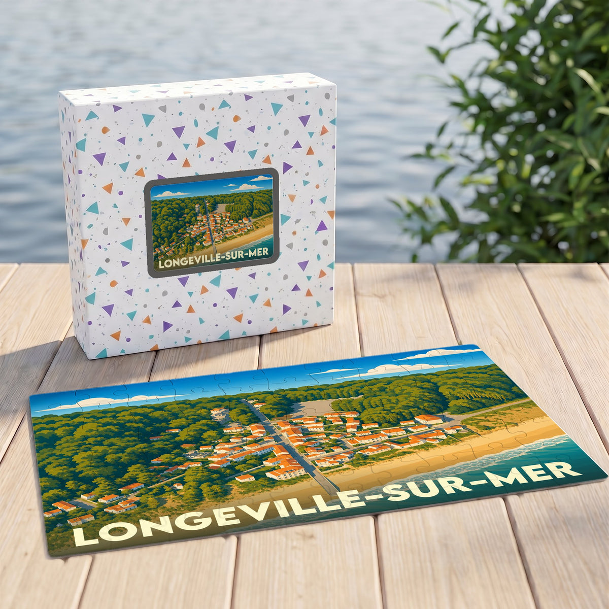 Puzzle souvenir de la ville de Longeville-sur-Mer avec une illustration stylisée de son littoral.