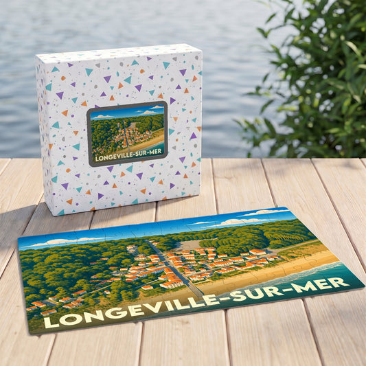 Puzzle souvenir de la ville de Longeville-sur-Mer avec une illustration stylisée de son littoral.