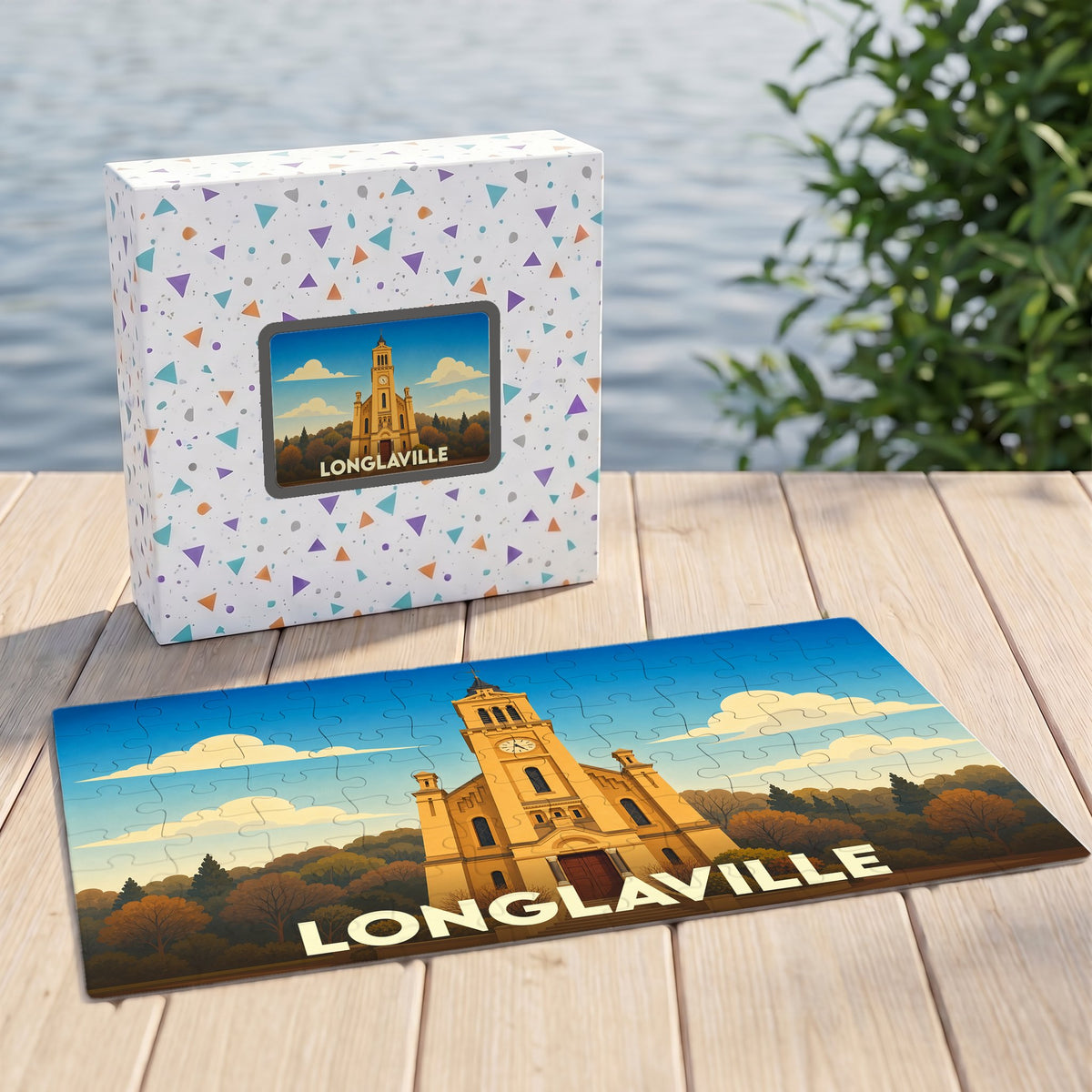 Puzzle souvenir de la ville de Longlaville avec une illustration stylisée d'un bâtiment historique.