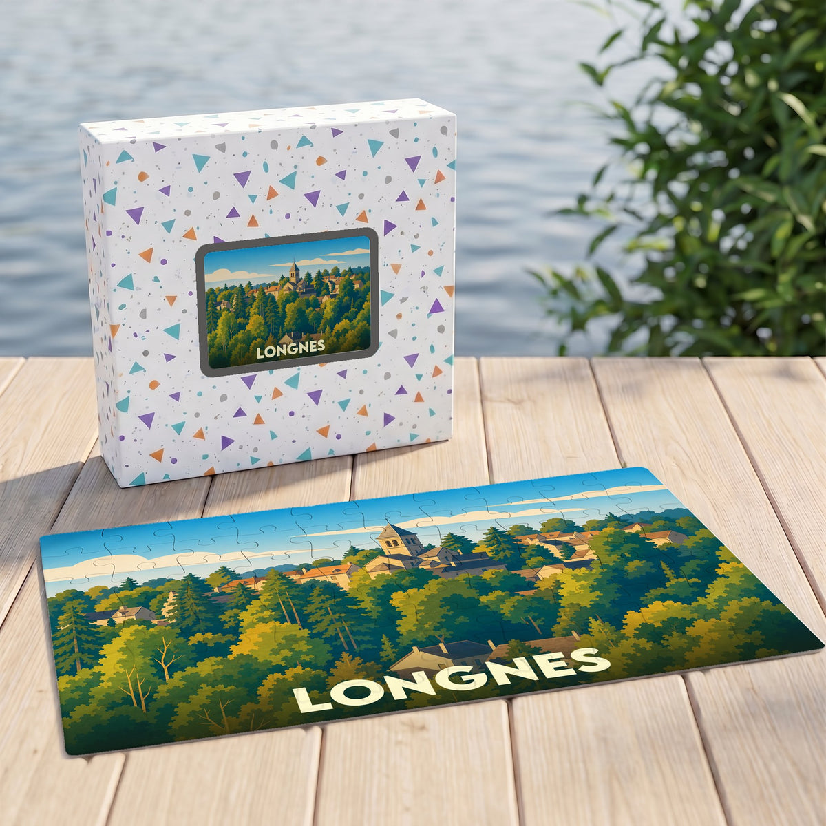 Puzzle souvenir de la ville de Longnes avec une illustration stylisée de son paysage arboré.
