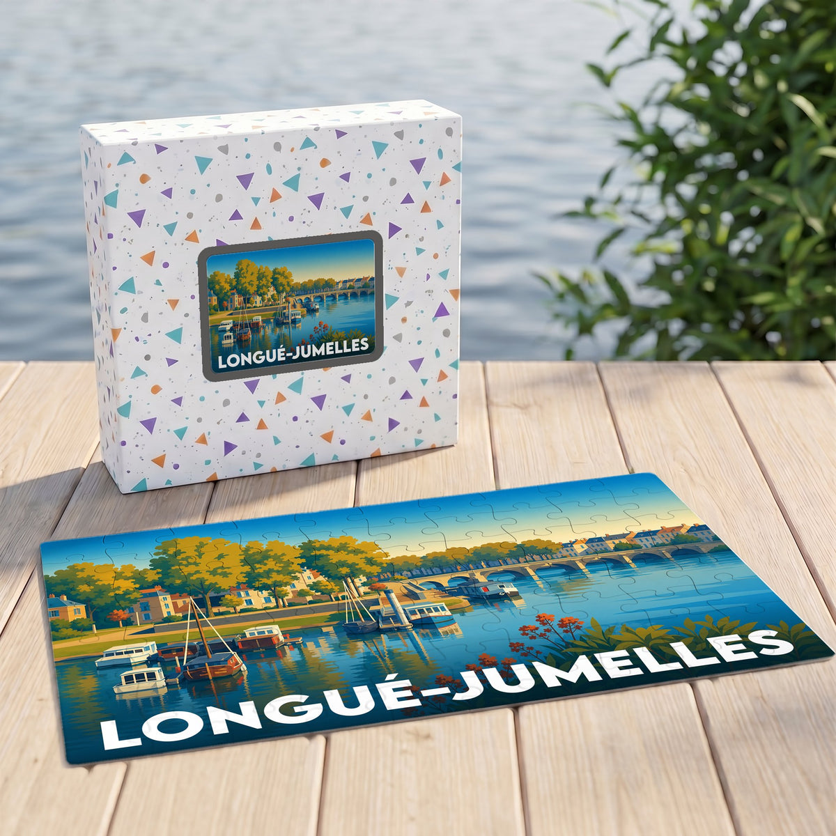 Puzzle souvenir de la ville de Longué-Jumelles avec une illustration stylisée des bords de Loire.