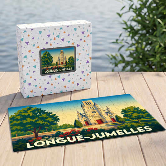Puzzle souvenir de la ville de Longué-Jumelles avec une illustration stylisée d'une église locale.