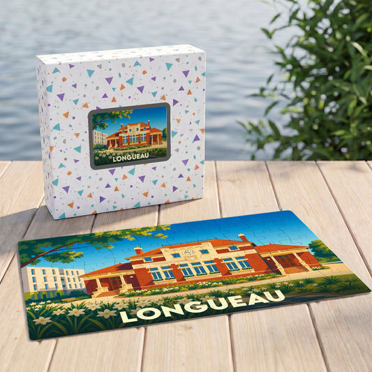 Puzzle souvenir de la ville de Longueau avec une illustration stylisée de l'hôtel de ville.
