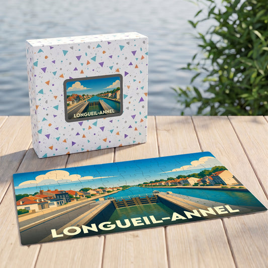 Puzzle souvenir de la ville de Longueil-Annel avec une illustration stylisée de son canal et de ses écluses.